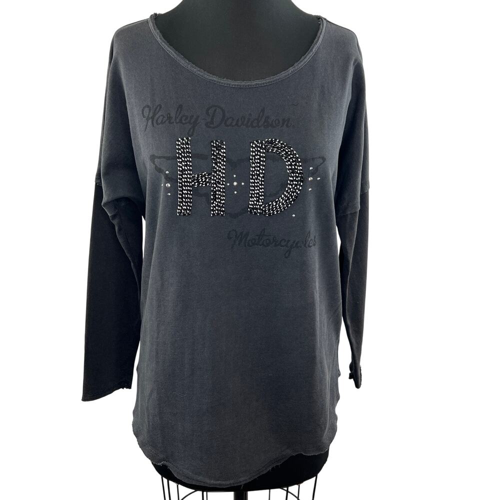 HARLEY DAVIDSON Gray Cotton Chain-link Distressed Long Sleeve Open Back Tee M